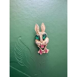 Vintage Karu Fifth Avenue Rabbit Rhinestones Gold Red Green Brooch